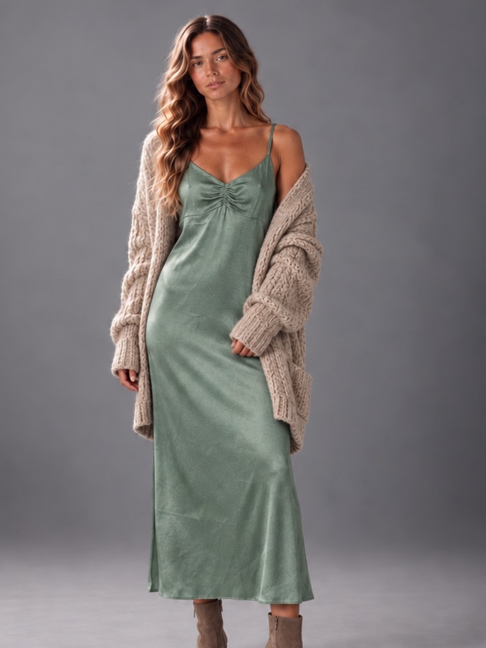 MNG by Mango Sage Green Satin Ruched Bust Maxi Slip Dress NWT Size 4